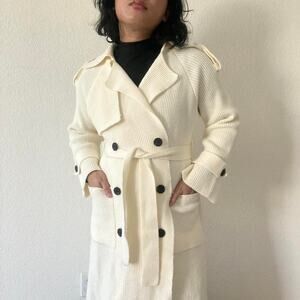 Cream Ribbed Knitted Trench Coat